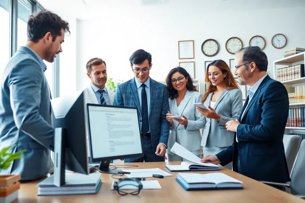 Migration lawyer Sydney team discussing immigration cases in a professional office setting.