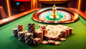 Trải nghiệm cảm giác đầy hứng khởi của cược VIP tại bàn poker sang trọng với những chip màu sắc và bộ bài sống động.