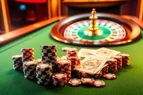 Trải nghiệm cảm giác đầy hứng khởi của cược VIP tại bàn poker sang trọng với những chip màu sắc và bộ bài sống động.