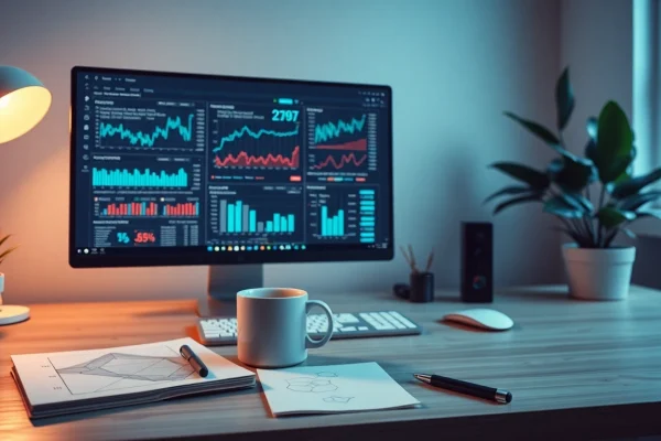 Web scrapping workspace with financial charts and modern tech setup.