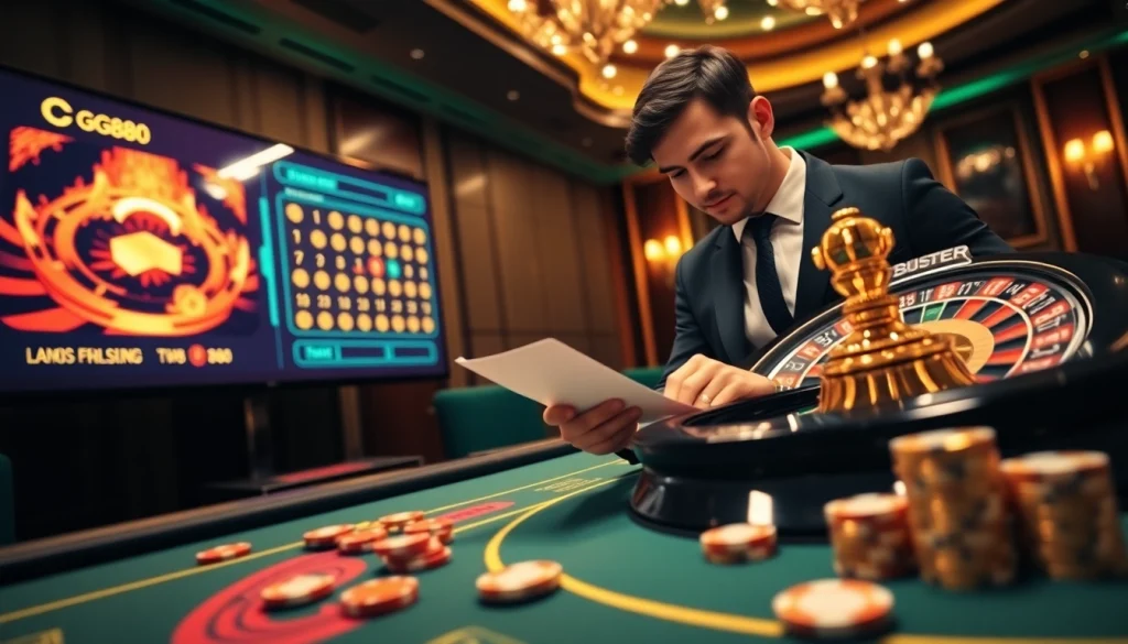 Experience the excitement of gg88 online gambling with a player at a roulette table and vivid casino elements.