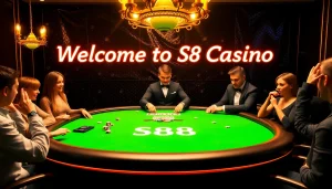 S88-themed poker table at a luxurious casino with excited players and vibrant accessories