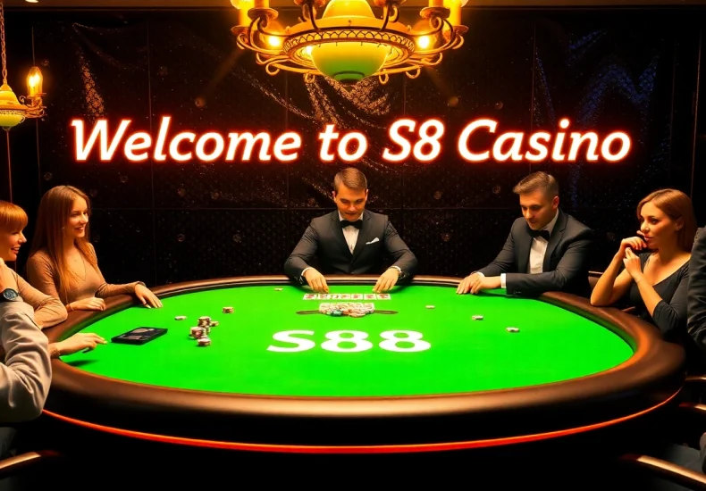 S88-themed poker table at a luxurious casino with excited players and vibrant accessories